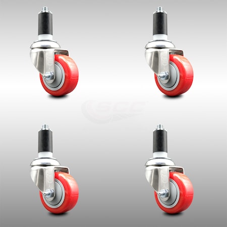 Service Caster 3 Inch 316SS Red Polyurethane Swivel 1-1/4 Inch Expanding Stem Caster Set SCC SCC-SS316EX20S314-PPUB-RED-114-4